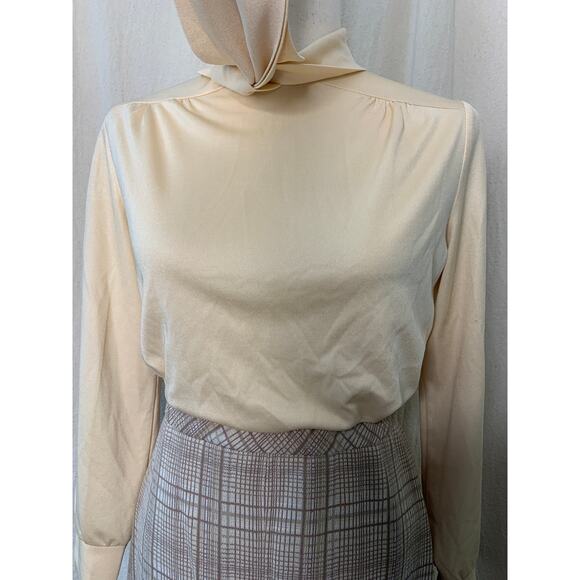 1970s Devon Neutral Academic Coquette Modest Plaid Bowtie Shirt Midi Skirt Set M - Picture 5 of 8